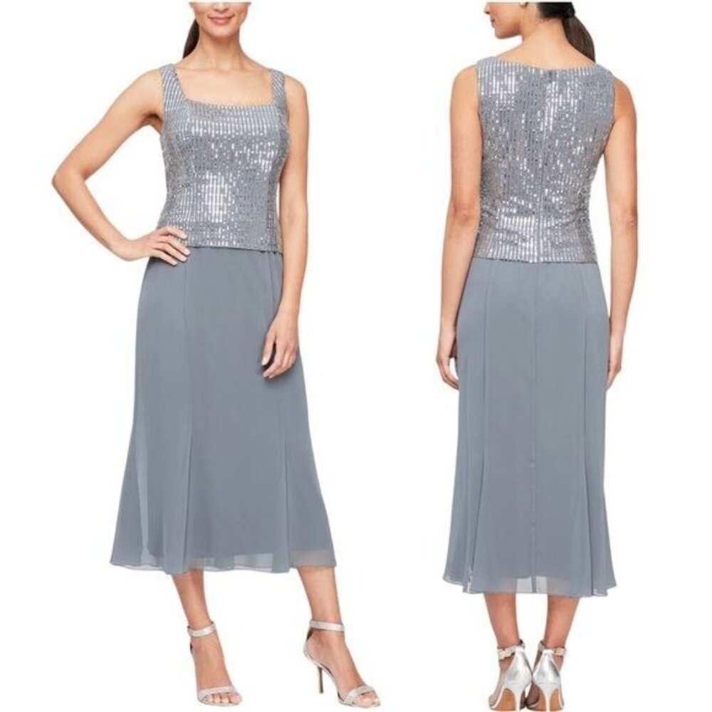 New ALEX EVENING Metallic Square Neckline Midi Dress‎ 6